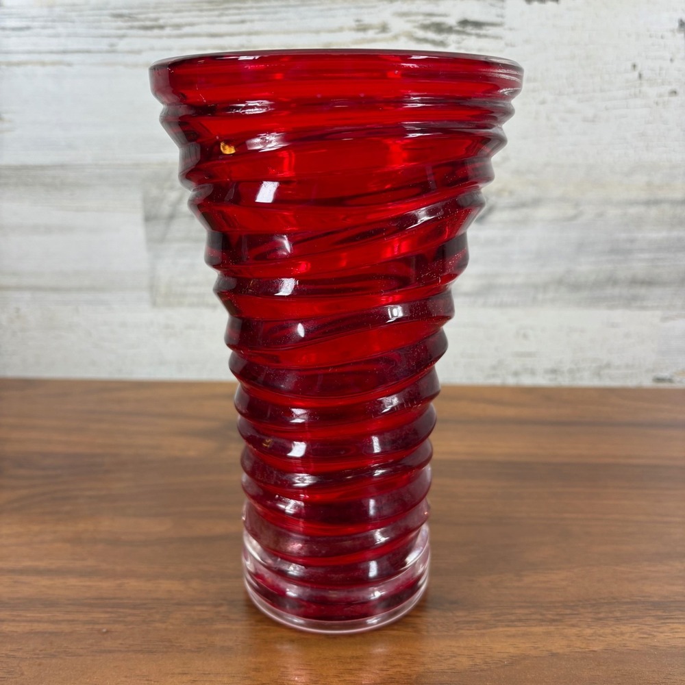 FTD Ruby‎ Red Ribbon Spiral Swirl Glass Vase, Vintage, 9"